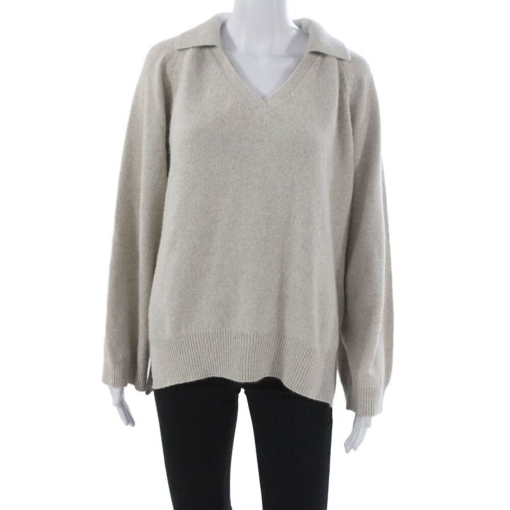 Loulou Studio Womens V Neck Wool Pullover Sweater Beige Long Sleeve Size S